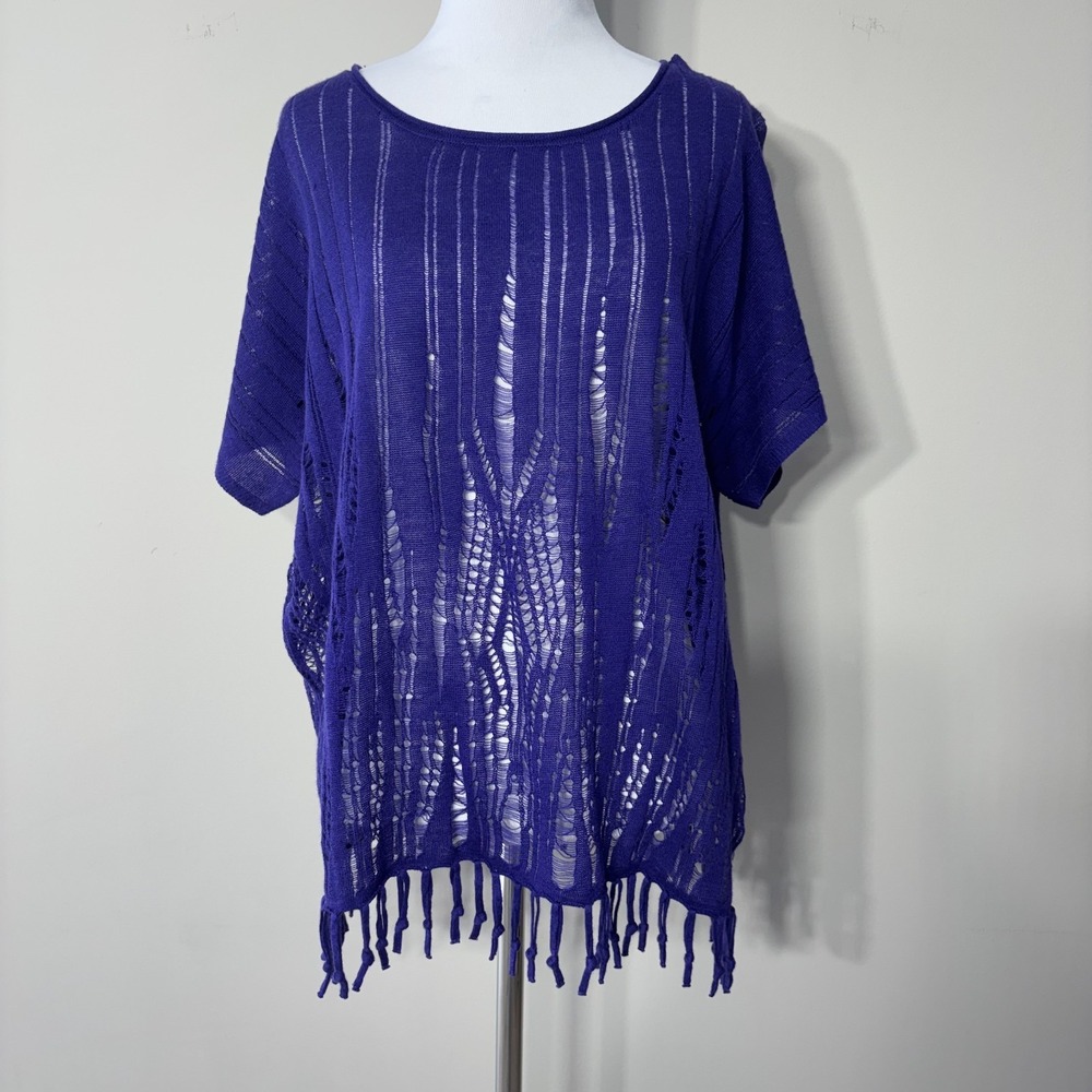 Chicos 2 Top Womens Large Purple‎ Baja Fringe Pullover Sweater Open Knit New NWT
